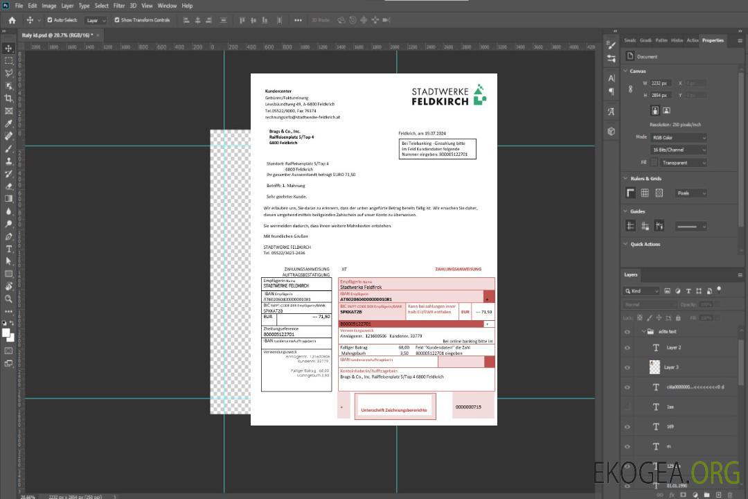 Modèle de facture de services publics d'entreprise Autriche Stadtwerke Feldkirch au format Word et PDF template